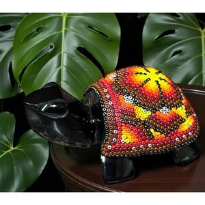 Huichol Turtle Beaded Obsidian Carved Stone Figurine Multicolor Mexican Folk Art